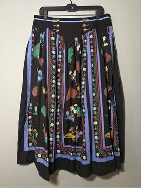 Black Floral Midi Skirt with Blue Trim and Multicolor Print